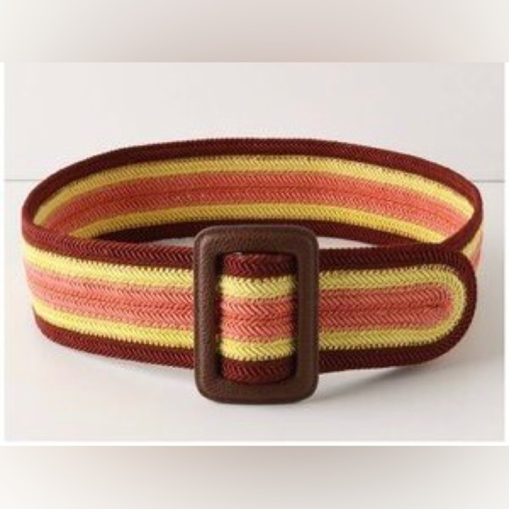 Anthropologie Multicolor Woven Striped Belt with Brown Leather Buckle S/M